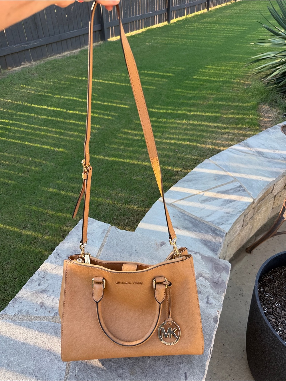 Michael Kors Cognac Pebbled Leather Satchel with Gold Hardware